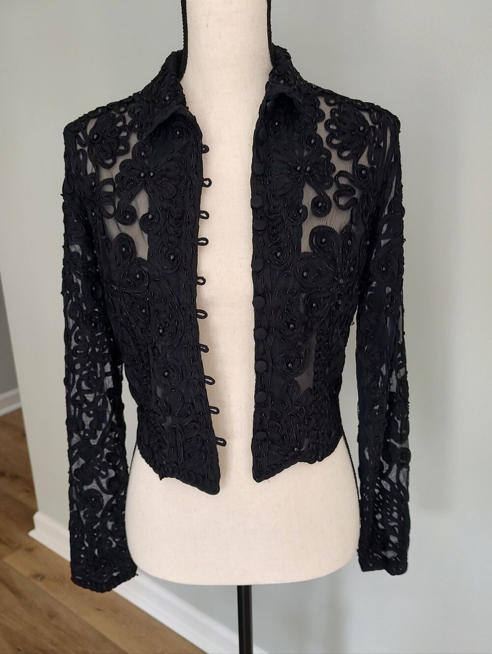 90s Vintage Cache Beaded Mesh Top Jacket Ribbon Black Whimsigoth Cropped L